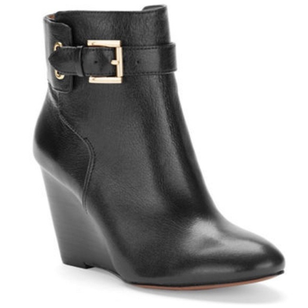 Nine West Black Leather Buckle Wedge Ankle Boots Size 7.5
